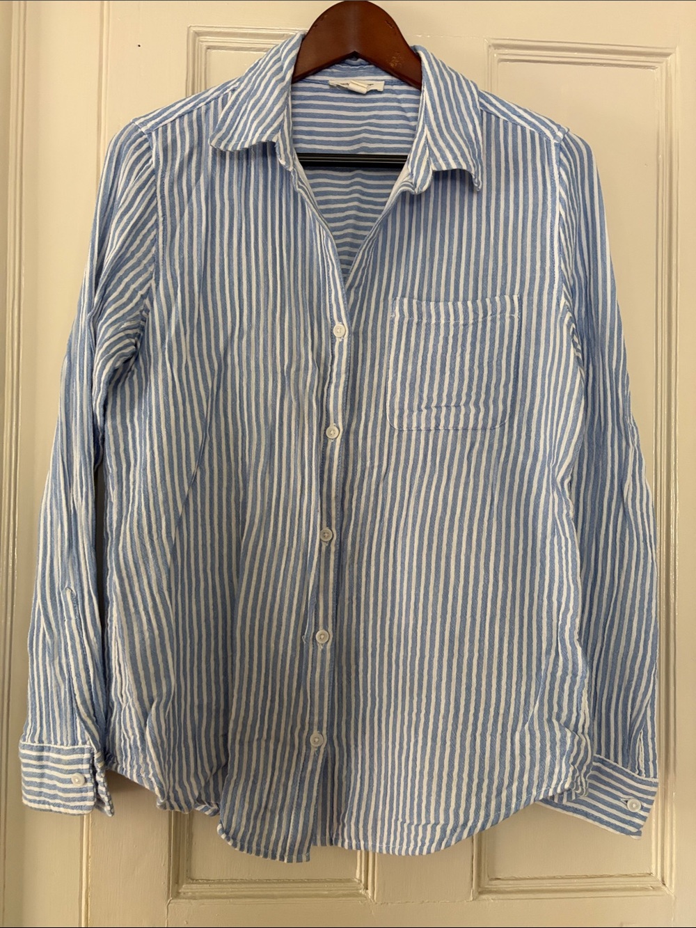 Blue and white striped cotton blouse size small